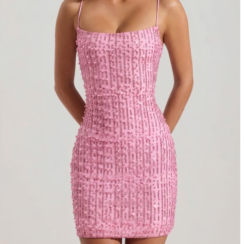 Oh Polly Lunetta Embellished Scoop-Neck Bodycon Mini Dress in Pink - Picture 1 of 4
